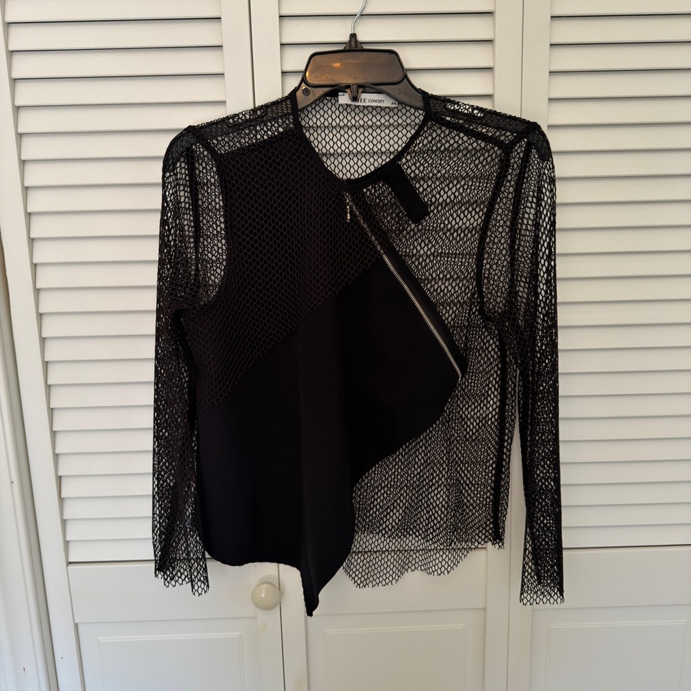 Narciso Rodriguez Black Mesh Long-Sleeve Asymmetrical Top